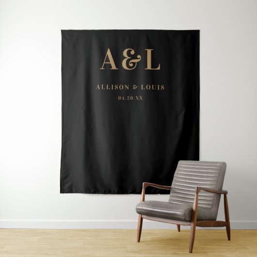 Tenture Monogramme mariage minimaliste Black Gold (En situation)