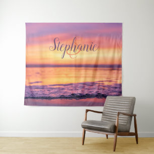 Tenture Monogramme Nom Violet Orange Océan Vague Coucher d