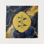 Tenture Monogramme sur marbre abstrait NavyGold FluidArt (Devant (Horizontal))