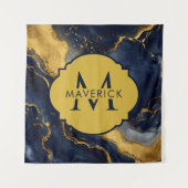 Tenture Monogramme sur marbre abstrait NavyGold FluidArt (Devant)
