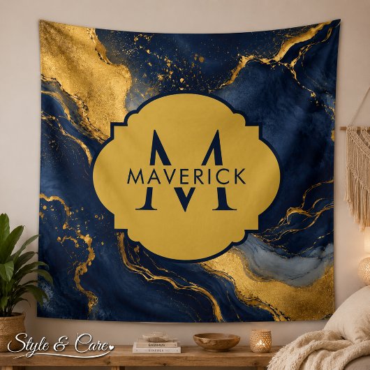 Tenture Monogramme sur marbre abstrait NavyGold FluidArt