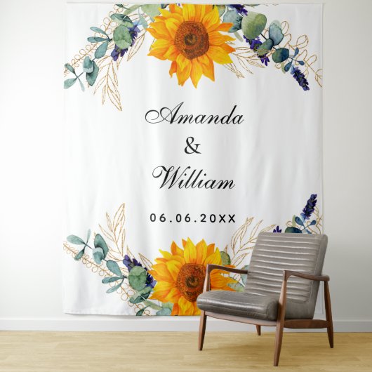 Tenture Monogramme tournesol verdure eucalyptus de mariage (En situation)