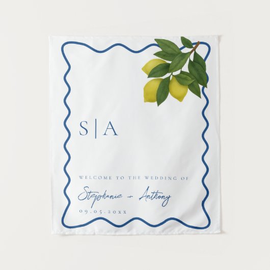 Tenture Monograms Lemon Citrus, Blue Wave Border Wedding (Devant)