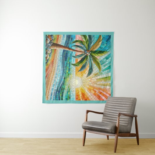 Tenture Mosaic Tropical Beach Coucher de soleil Palm Tree (En situation (horizontale))