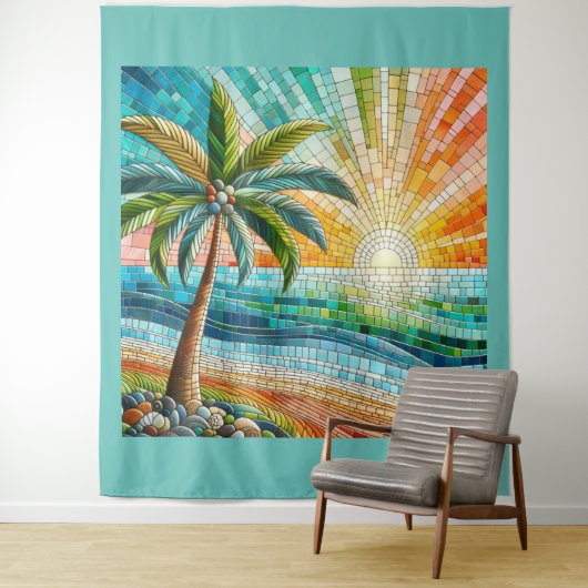 Tenture Mosaic Tropical Plage Coucher de soleil Palm Tree (En situation)
