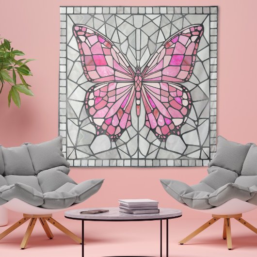Tenture Mosaïque de papillon - Conte de fées rose et gris