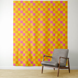 Tenture Motif à carreaux orange jaune rose 