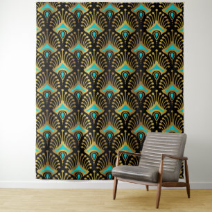 Tenture Motif Art déco or et bleu sur noir