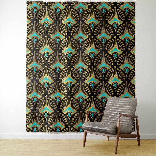 Tenture Motif Art déco or et bleu sur noir (En situation)