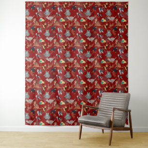 Tenture Motif de chats et de chiens sur fond rouge