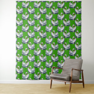 Tenture Motif de cygnes sur fond vert