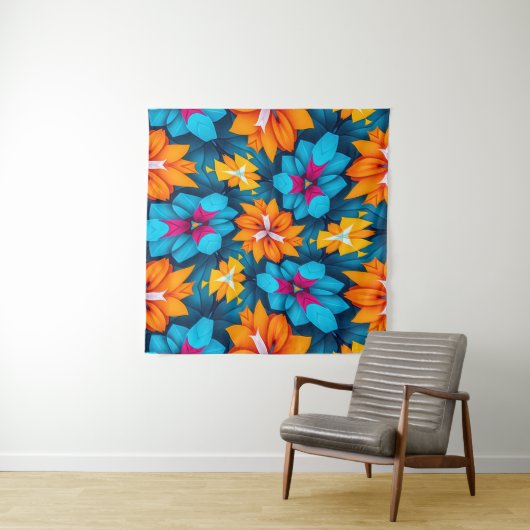 Tenture Motif de fleurs bleues et orange (En situation)