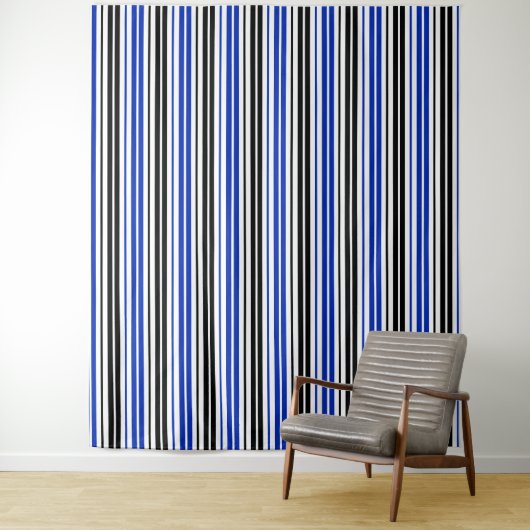 Tenture Motif de rayures blanches noires bleues  (En situation)