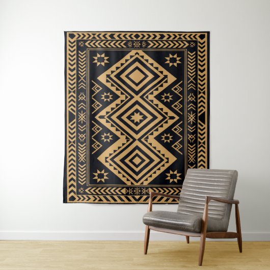 Tenture Motif de surface abstrait boho or noir (En situation)