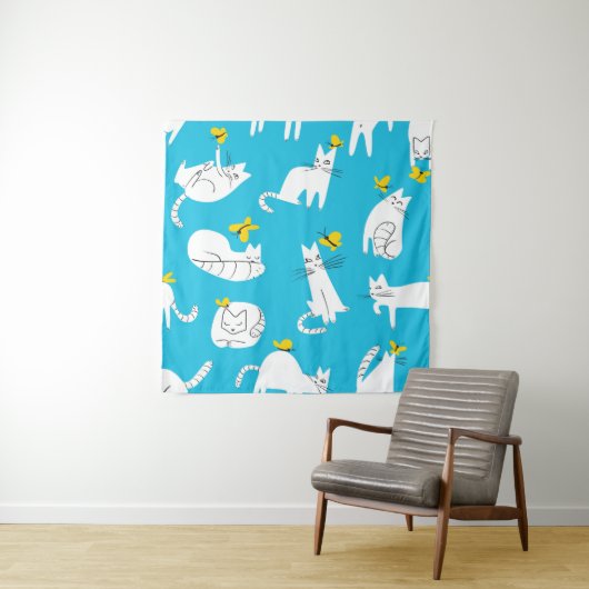 Tenture Motif des chats et papillons (En situation)