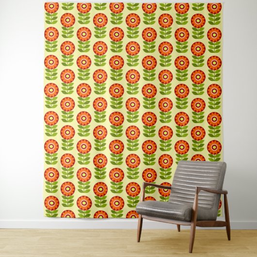 Tenture Motif Fleur Orange, Vert Et Jaune Retro (En situation)