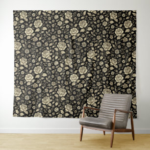 Tenture Motif floral de rose dorée vintage sur fond noir