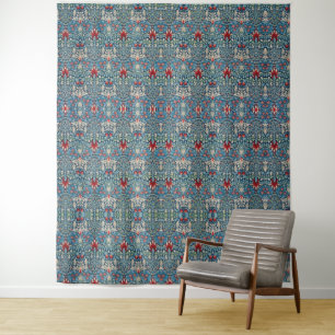 Tenture Motif floral sur fond bleu de feuilles vertes