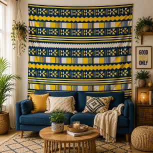 Tenture Motif géométrique tribal bleu jaune décoration mur