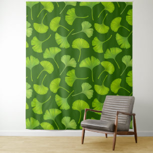 Tenture Motif Ginkgo sur vert foncé
