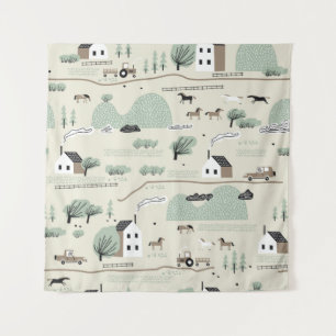 Tenture Motif incolore avec maison, arbres, cheval