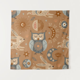 Tenture motif transparent avec chouette céleste et lièvre