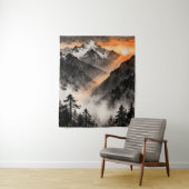 Tenture Mountain Sunset Tapestry | Golden Light Ink Art  (En situation)