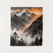 Tenture Mountain Sunset Tapestry | Golden Light Ink Art  (Devant)