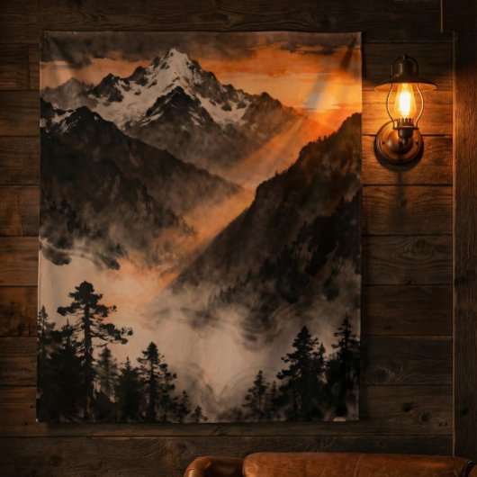 Tenture Mountain Sunset Tapestry | Golden Light Ink Art 