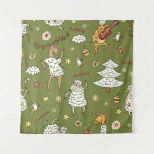 Tenture Moutons de Noël : Illustration Vintage animale.