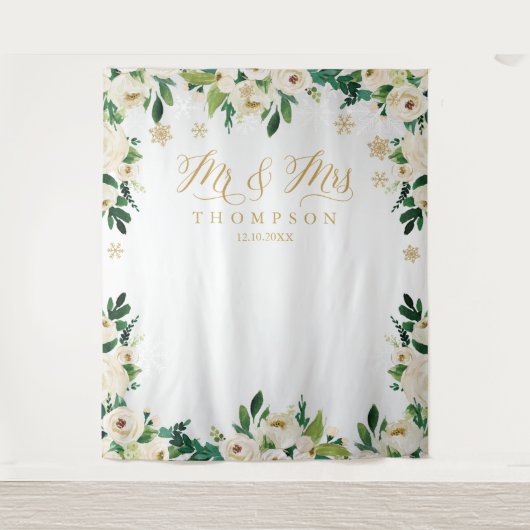 Tenture Mr & Mrs floral winter wedding banner backdrop (Devant)