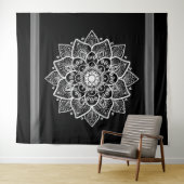 Tenture Murale Arrière - plan noir Mandala Floral blanc (En situation (horizontale))