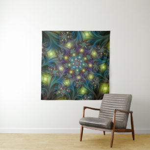Tenture Murale Art fractal abstrait illuminé brillant sarcelle vi