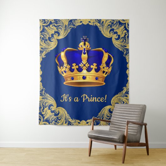Tenture Murale Baby shower Royal Blue Prince Crown (En situation)