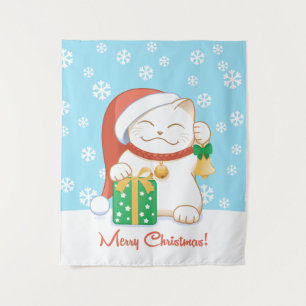 Tenture Murale Chat de Noël blanc dans un Casquette rouge