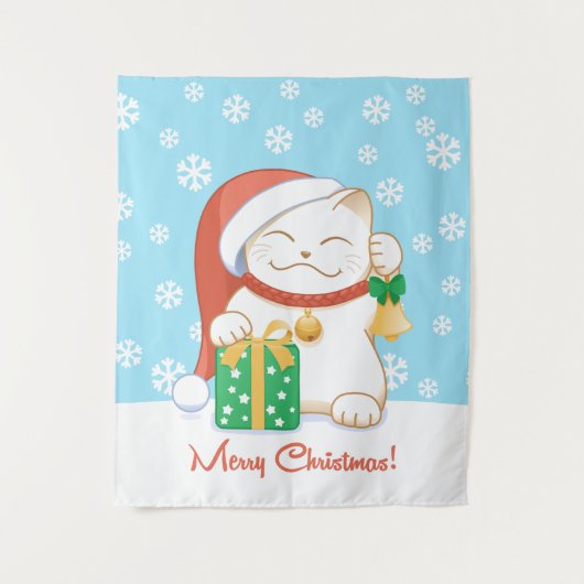 Tenture Murale Chat de Noël blanc dans un Casquette rouge (Devant)