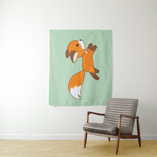 Tenture Murale Coureur de renard mignon sur vert (En situation)