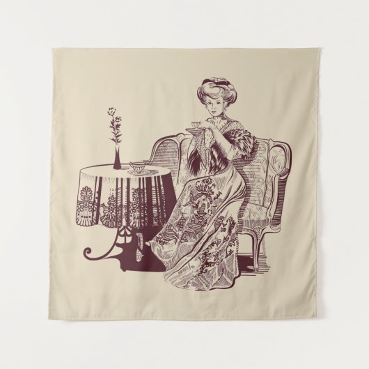 Tenture Murale dame boit du thé (Devant (Horizontal))