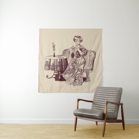 Tenture Murale dame boit du thé (En situation (horizontale))