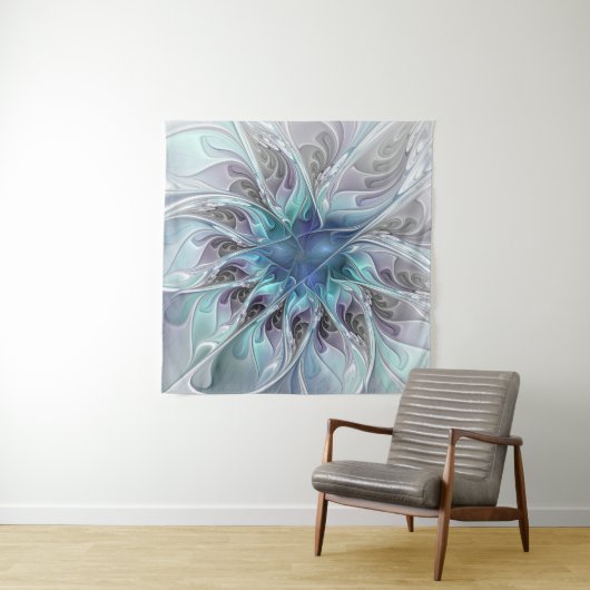 Tenture Murale Fleur Abstraite Fractale Moderne Avec Bleu (En situation)