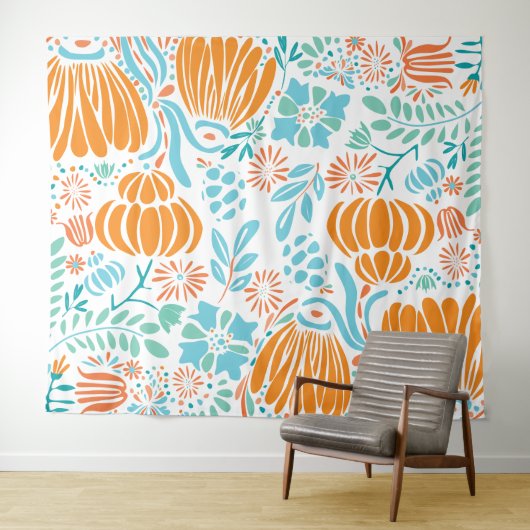 Tenture Murale Floral de Boho orange et bleu (En situation (horizontale))