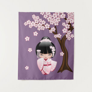 Tenture Murale Kimono rose Kawaii Kokeshi sur fond violet