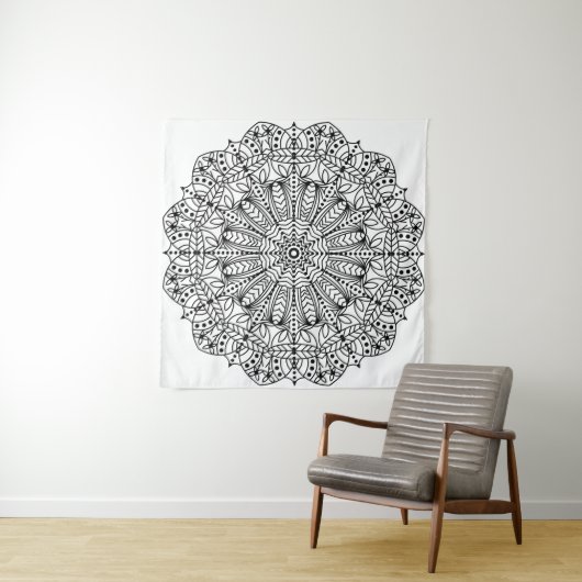 Tenture Murale Mandala floral noir et blanc moderne (En situation (horizontale))