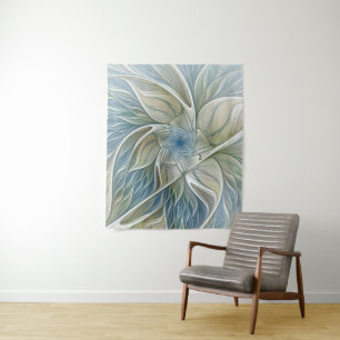Tenture Murale Motif de rêve floral Abstrait Bleu Kaki Fractal