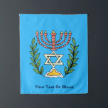 Tenture Murale Persian Magen David Menorah<br><div class="desc">Cette image a été adaptée à partir d'un carrelage juif perse antique et présente une menorah avec un Magen David (Étoile de David) encadré de branches d'olivier. Les imperfections de l'image originale peinte à la main ont été conservées. Ajoutez votre propre texte pour customiser.</div>