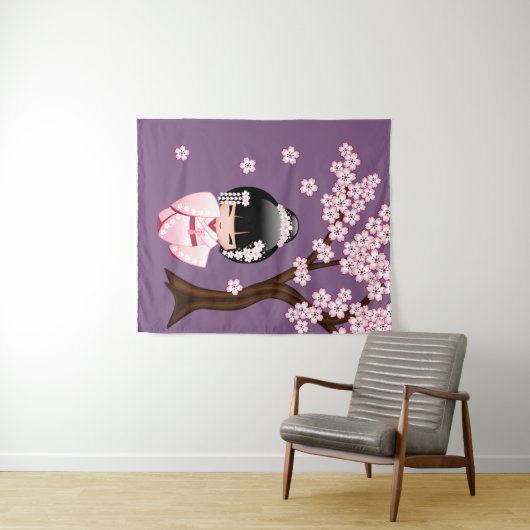 Tenture Murale Poupée blanche de Kokeshi de kimono - fille de (En situation (horizontale))