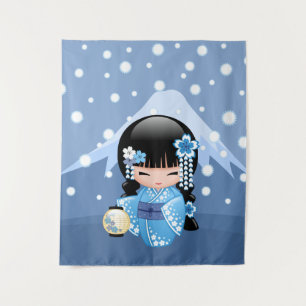 Tenture Murale Poupée de Kokeshi d'hiver - fille de geisha bleue