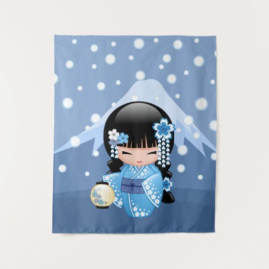 Tenture Murale Poupée de Kokeshi d'hiver - fille de geisha bleue (Devant)