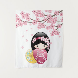Tenture Murale Poupée Kokeshi de printemps - Jolie fille geisha j