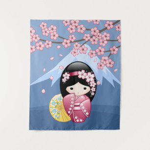 Tenture Murale Poupée Kokeshi Printemps - Cute Japonaise Geisha G